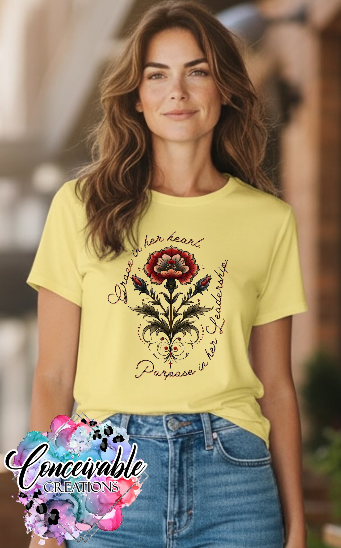 Grace in Her Heart, Purpose in Her Leadership Floral Graphic Tee