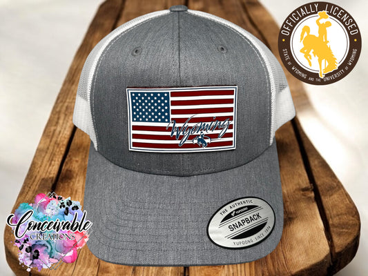 Wyoming US Flag Red, White and Blue Acrylic_Heather Grey/White Trucker Hat
