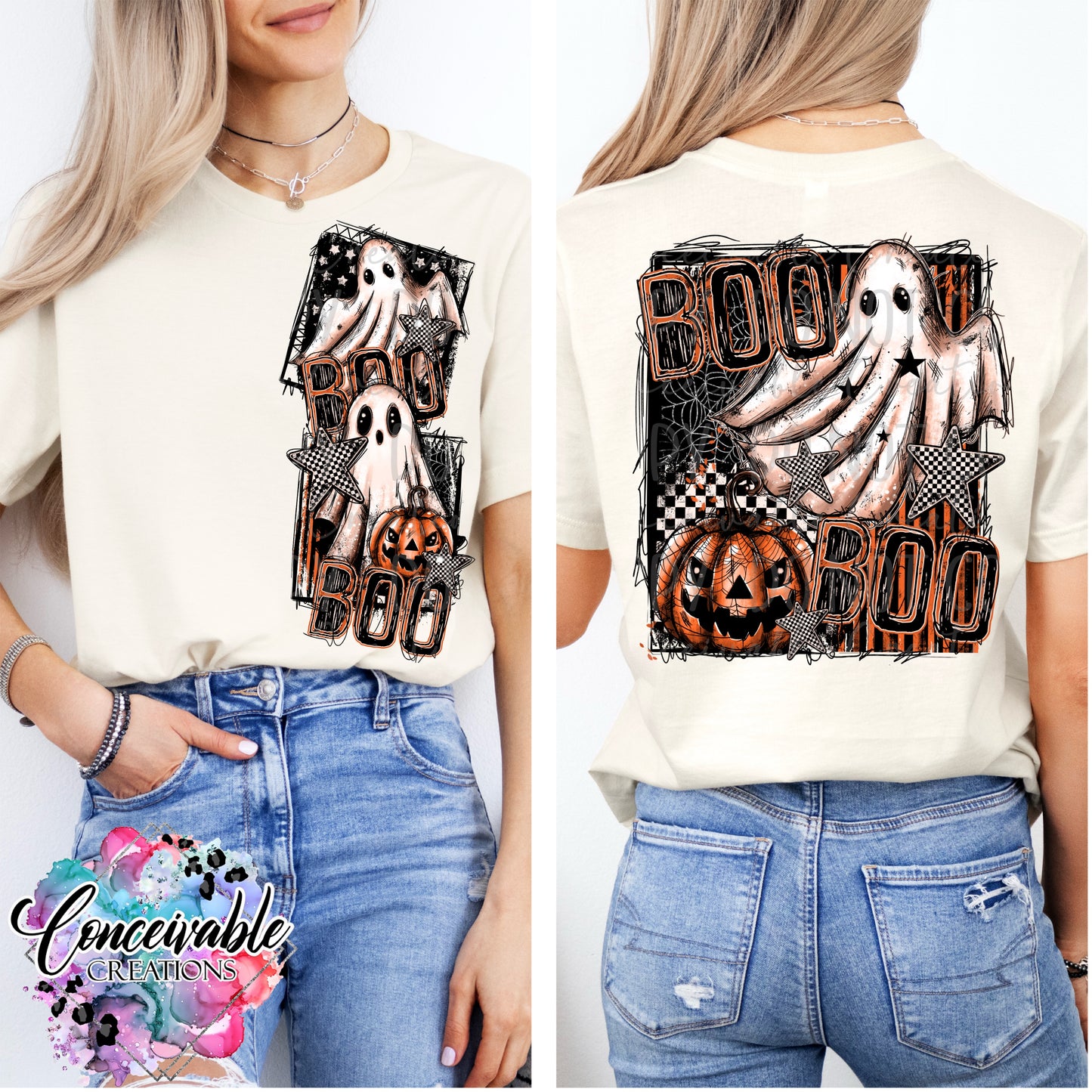 Boo Ghost Halloween Front & Back Graphic Tee