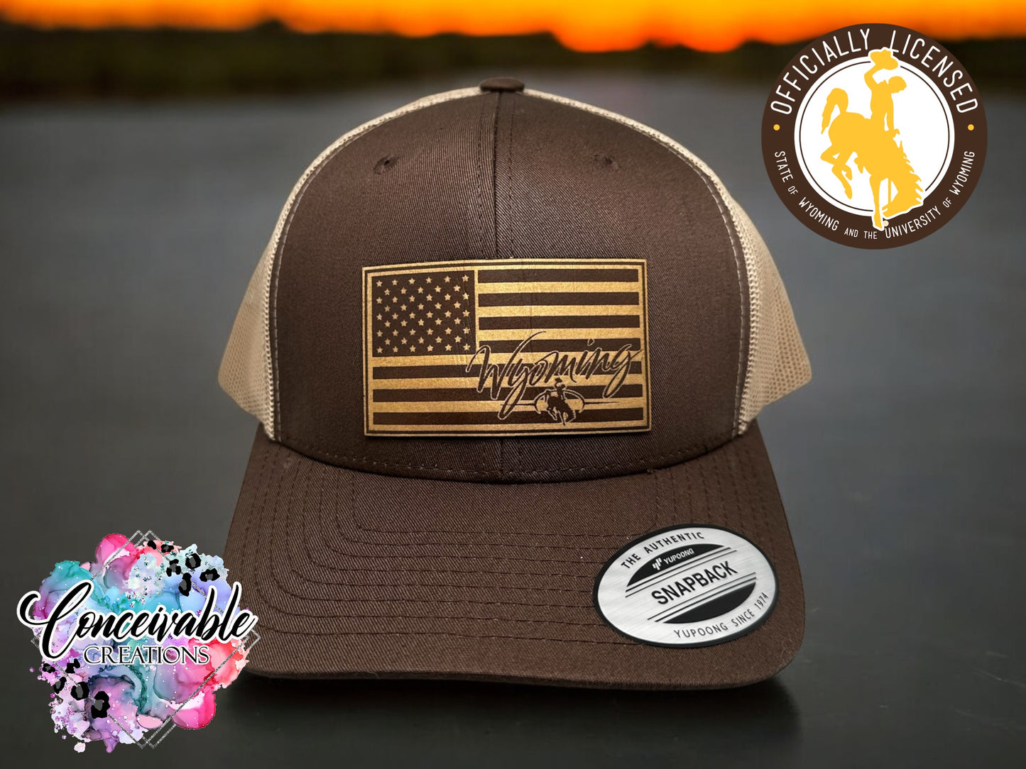 Wyoming US Flag Brown/Gold Leatherette_Brown/Khaki Trucker Hat