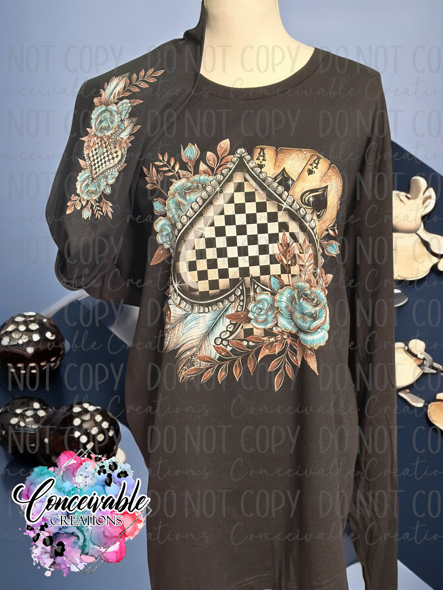 Turquoise Floral Checker Spades Black T-Shirt