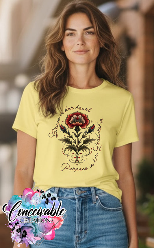 Grace in Her Heart, Purpose in Her Leadership Floral Graphic Tee
