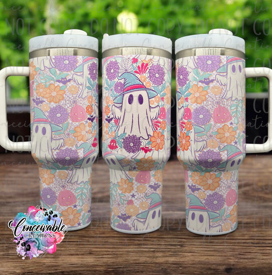 Pastel Floral Ghostie 40oz Sublimation Tumbler with Handle