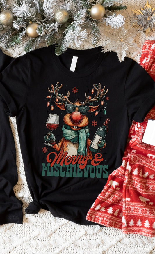 “Merry & Mischievous” Tipsy Reindeer Christmas Tee