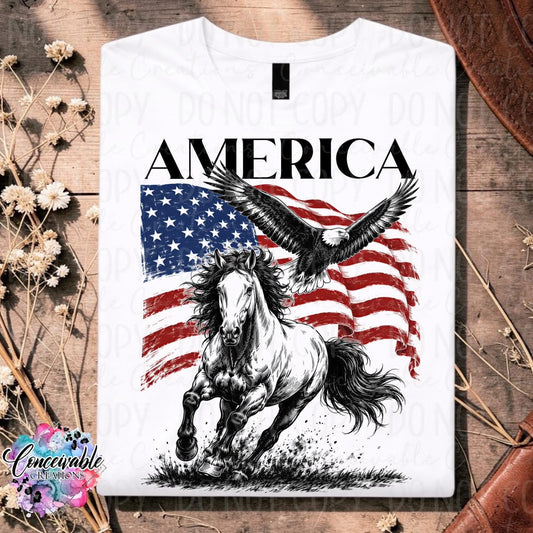 Patriotic Horse & Eagle Graphic Tee | Americana Western Freedom Shirt