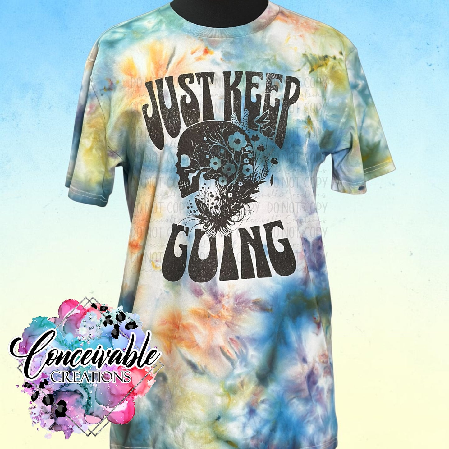 Just Keep Going Tie Dye Tee – Motivational Skull Graphic Shirt (One of a Kind)