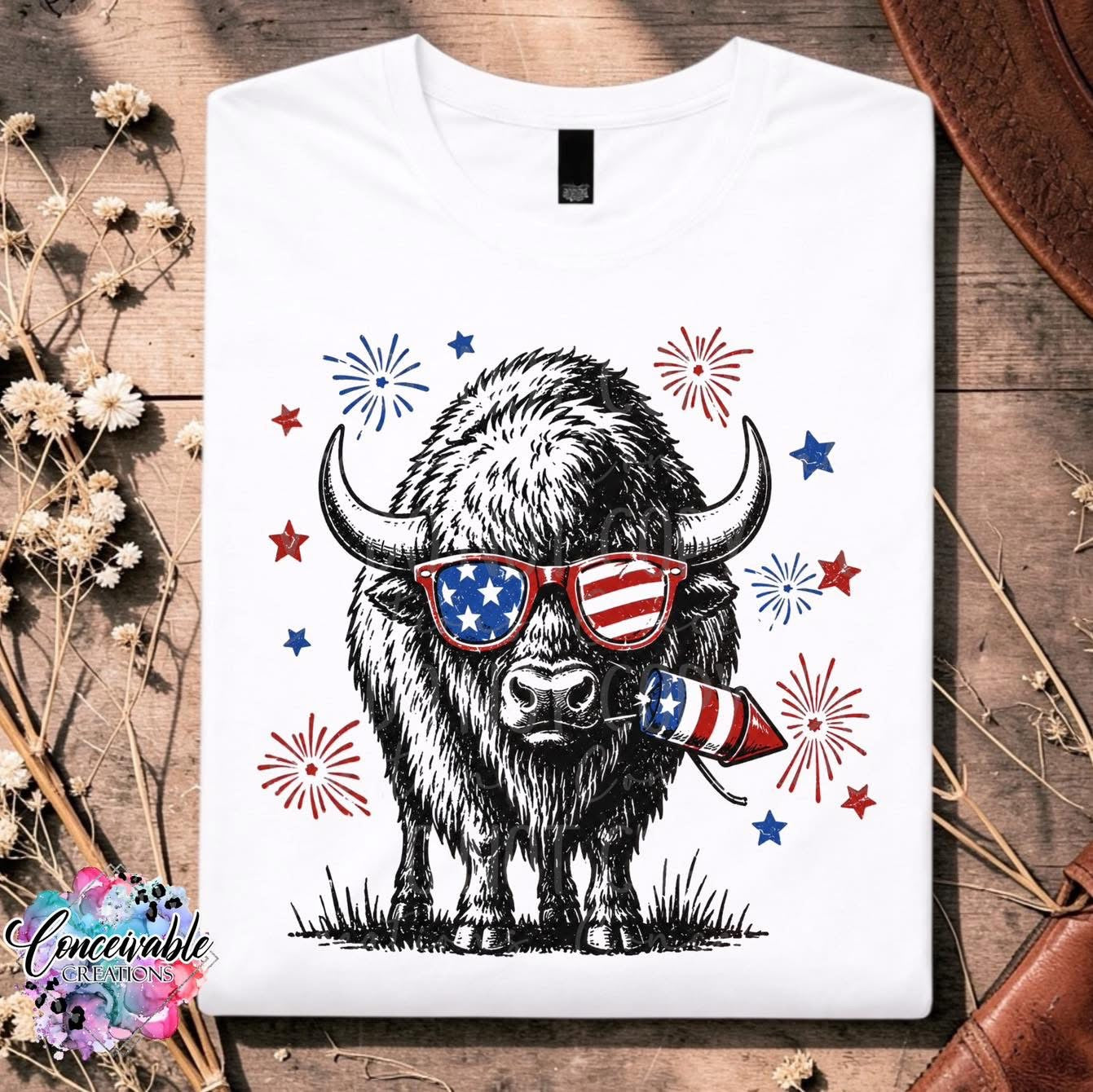 Patriotic Buffalo Graphic Tee | Funny Americana Bison July 4th Shirt