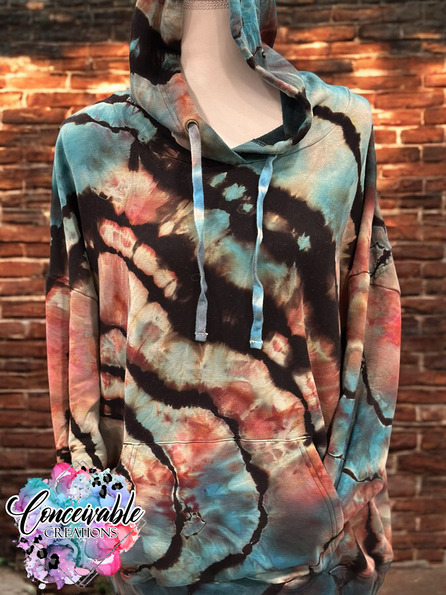 Teal & Coral Reverse Geode Dye Buffalo Hoodie