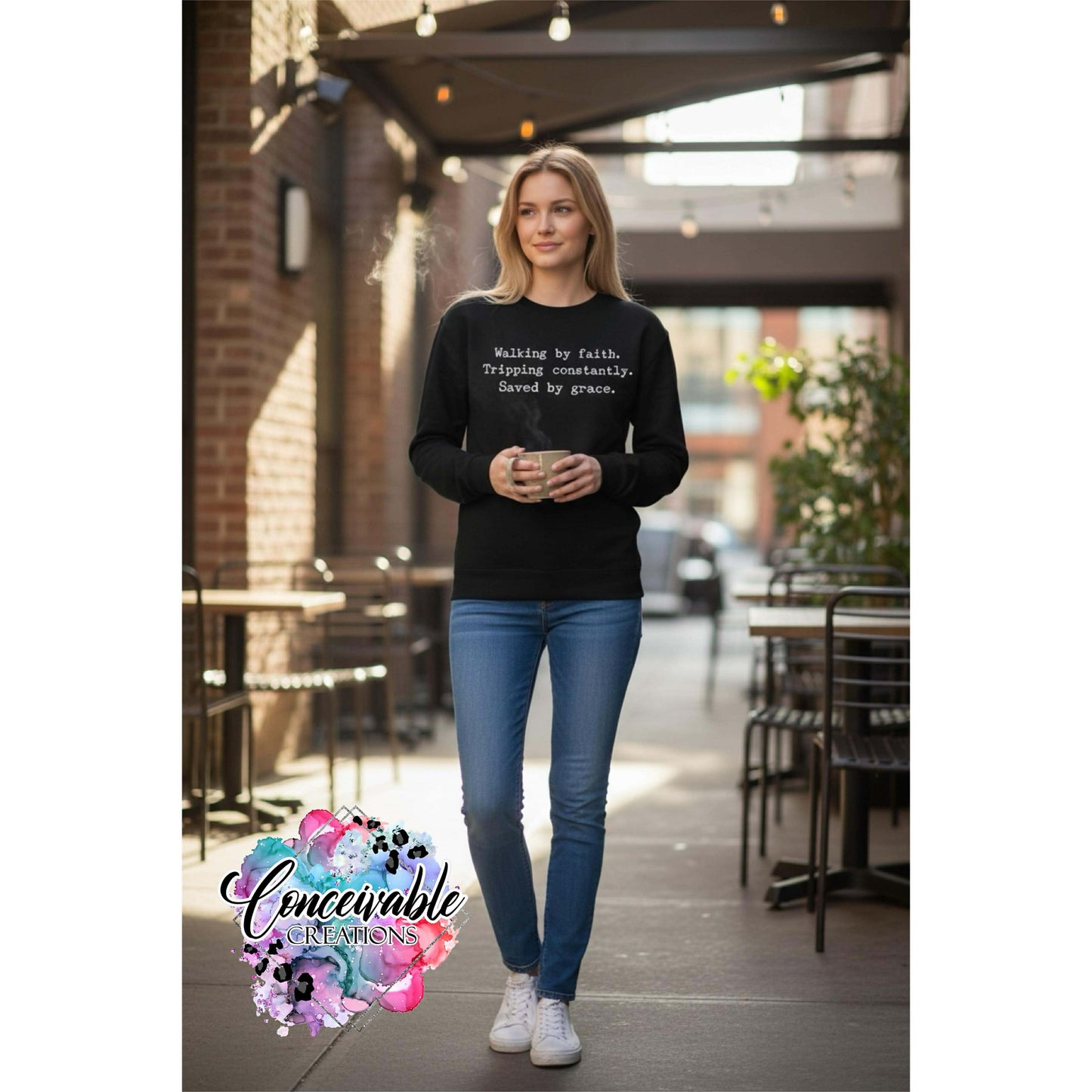 Walking By Faith Typewriter Text Crewneck Fleece
