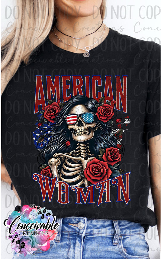 American Woman Skull Graphic Tee – Patriotic Floral Skeleton Shirt