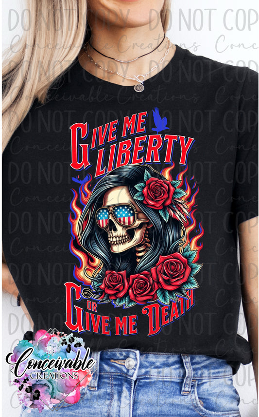 Give Me Liberty or Give Me Death Skull Tee – Patriotic Flame Graphic Shirt